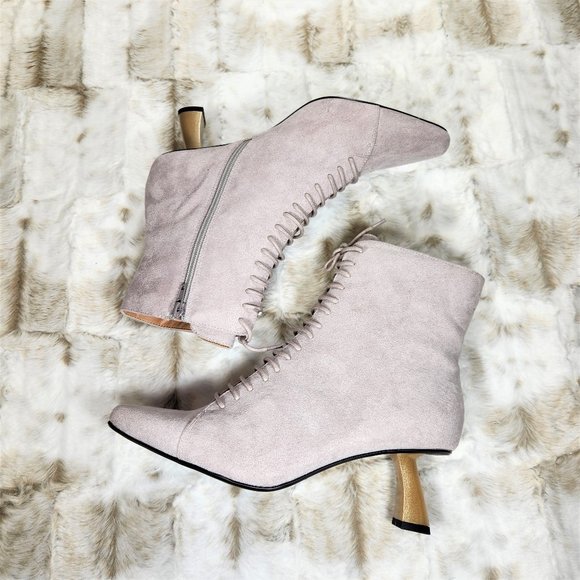 ☆ Ice Faux Suede Single Sole Gold Chunky Heel Ankle Booties - Picture 6 of 6